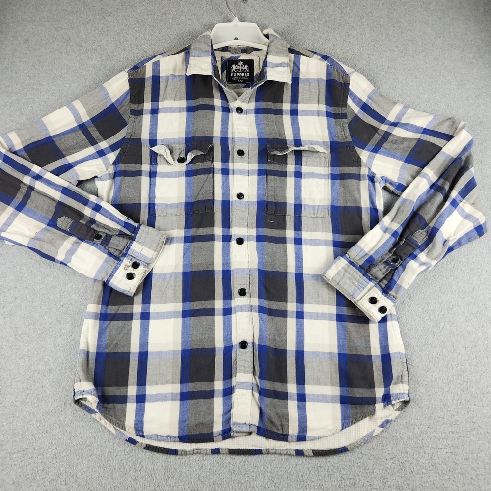 Express Shirt Mens Large Blue Plaid Long Sleeve Cotton Flap Pockets Button Up